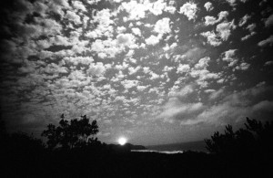 Byron Nightscape A ghostly distant view of Byron Bay Lighthouse, taken at night on Kodak 2475 recording film. Although slow by today's digital standards this panchromatic film was used for surveillance and other low light situations. Photographers like me liked it for its extremely course grain. I was experimenting a lot with unusual films in the 1990s. Most of these films are no longer available now and digital effects have taken over. I used to love the unexpected effects of experimenting with film.