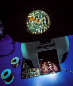 Circuit in Microscope Microscopic inspection of electronic circuit board.
