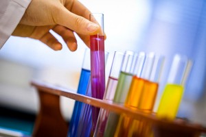 Coloured Test Tubes Test tubes containing coloured chemical solutions at the Science labs of the University of Technology, Sydney.