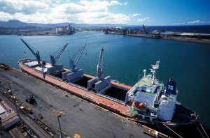 Freight Ship Aerial view of freight ship at Port Kembla, taken from a crane bucket.