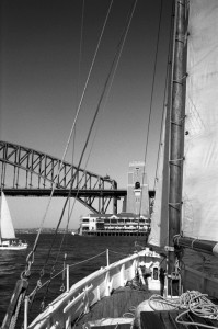 Sailing to Bridge Many years ago I worked for the owner of this beautiful gaff rig sailing boat which was built in Ireland in 1895. Please feel free to correct me if I am wrong about those details, it is what I was told. We had sailed down from Palm beach and arriving back at Sydney Harbour.