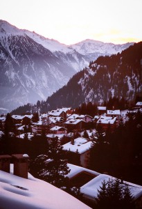 Verbier Sunset Light of dusk in the ski resort of Verbier in the Swiss Alps.