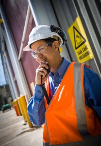 Communication Worker on two way radio. WSN's Jack's Gully advanced waste treatment site.